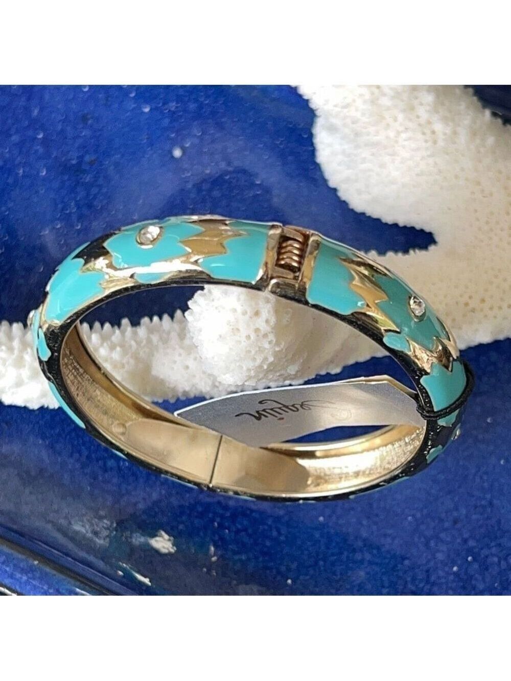 Turquoise Blue Enamel Geometric Pattern Accented with Clear Crystals in Gold Hin